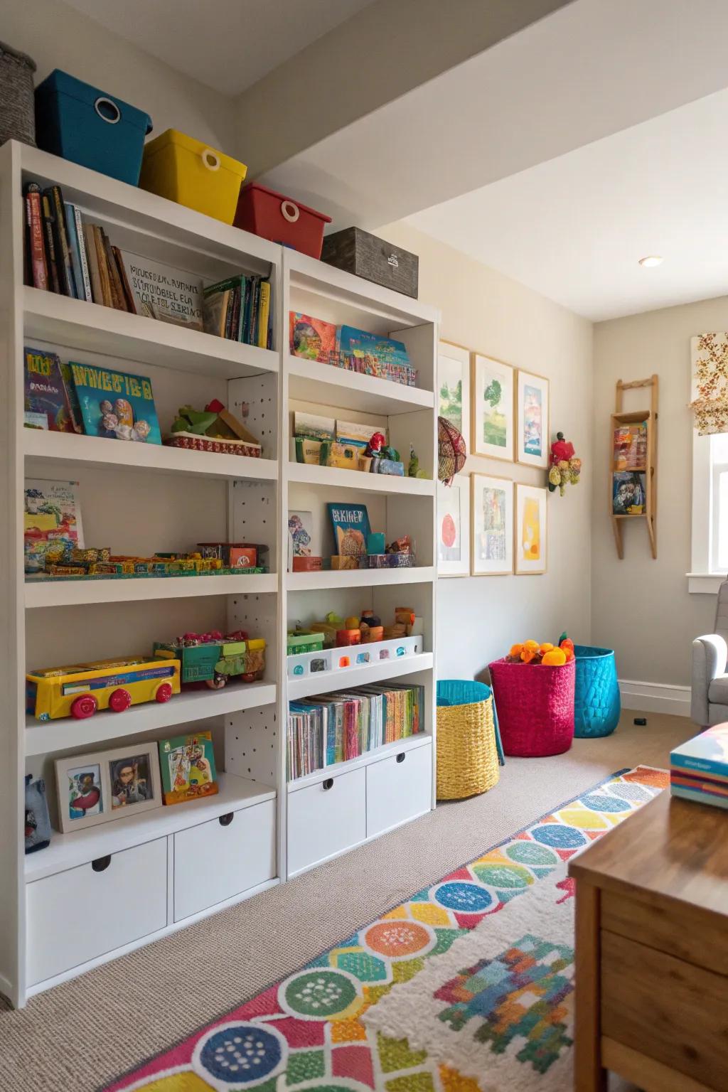 A playroom with vertical storage solutions, freeing up floor space.