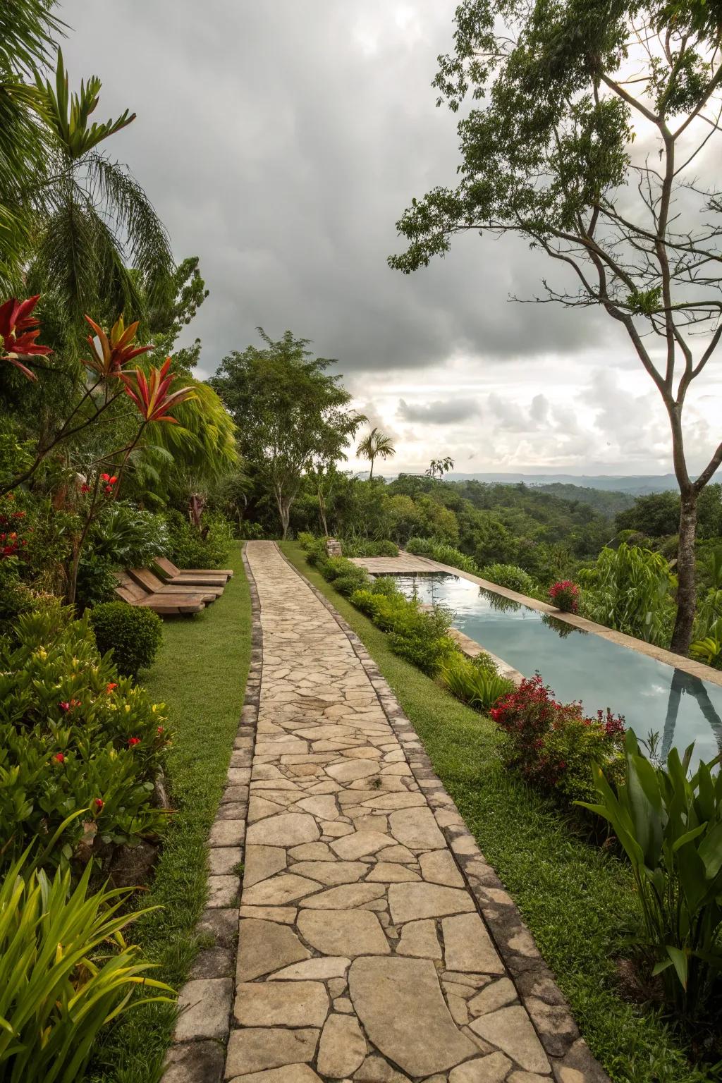 Stonework pathways add rustic charm and guide guests to your pool.