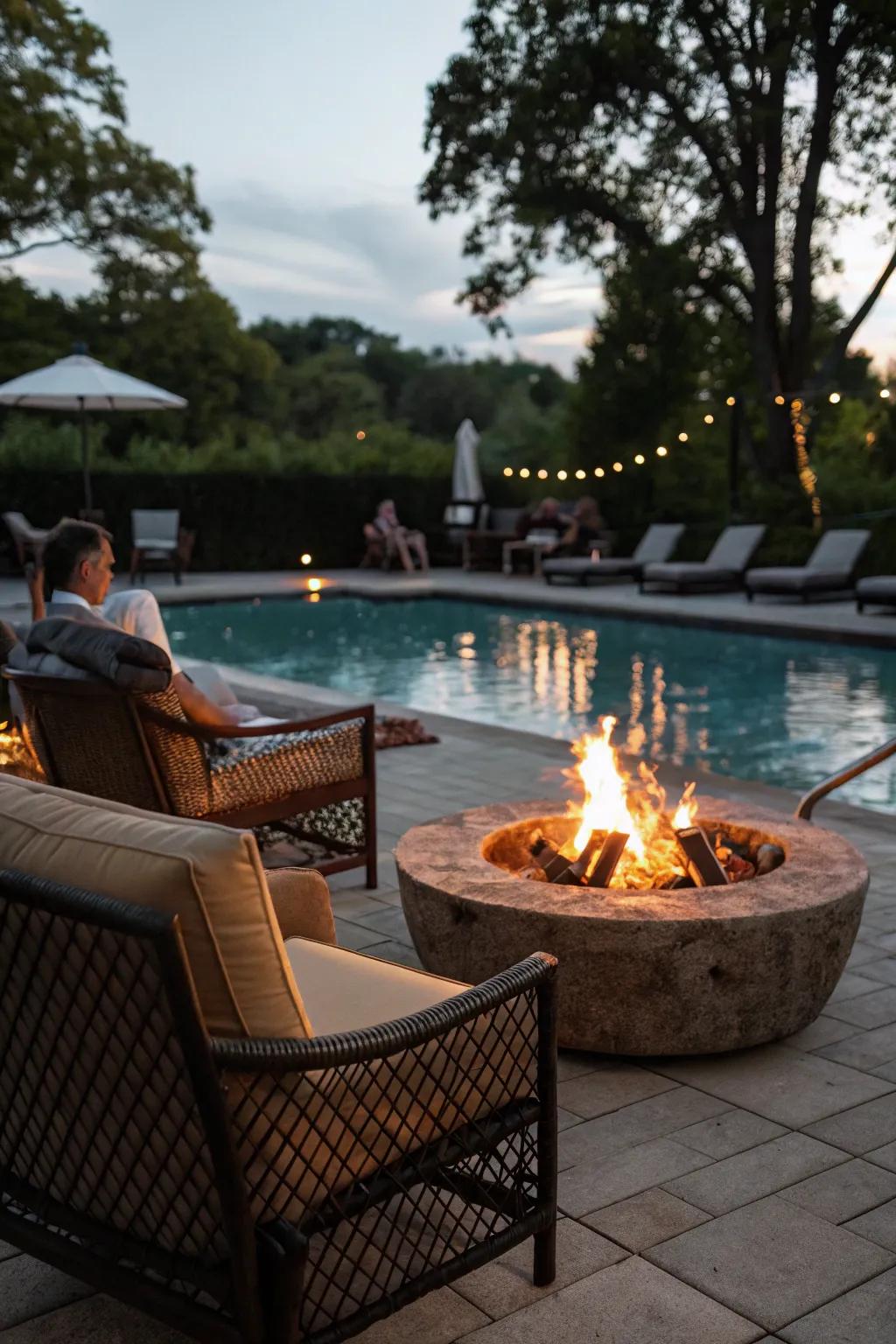 A fire pit creates a warm gathering spot for evenings by the pool.