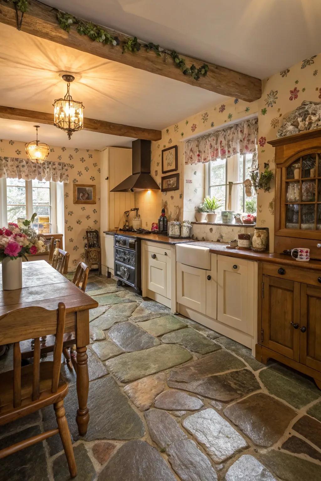 Flagstone flooring offers a rustic and timeless appeal for kitchens.