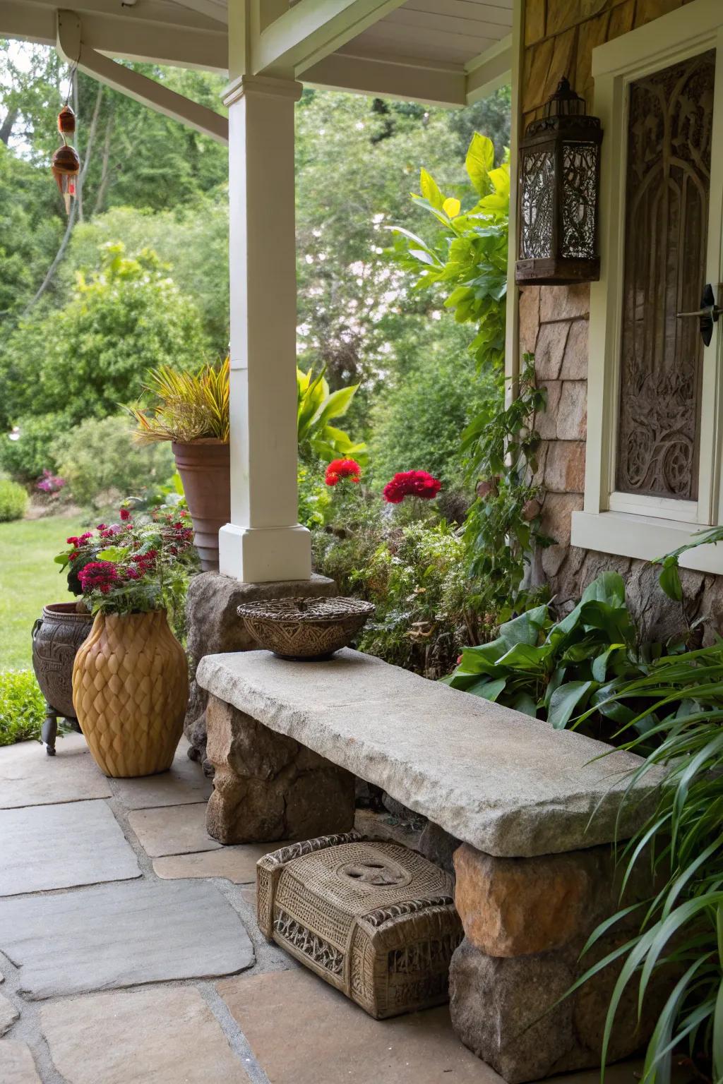 A stone bench seamlessly blends into natural surroundings.