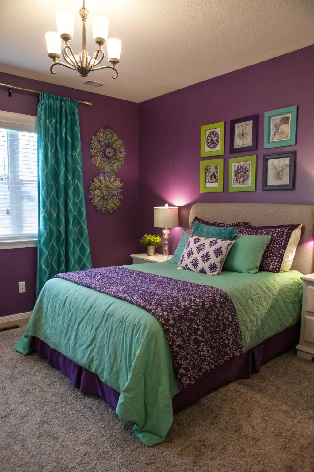 Bold colors paired with purple create a playful vibe.