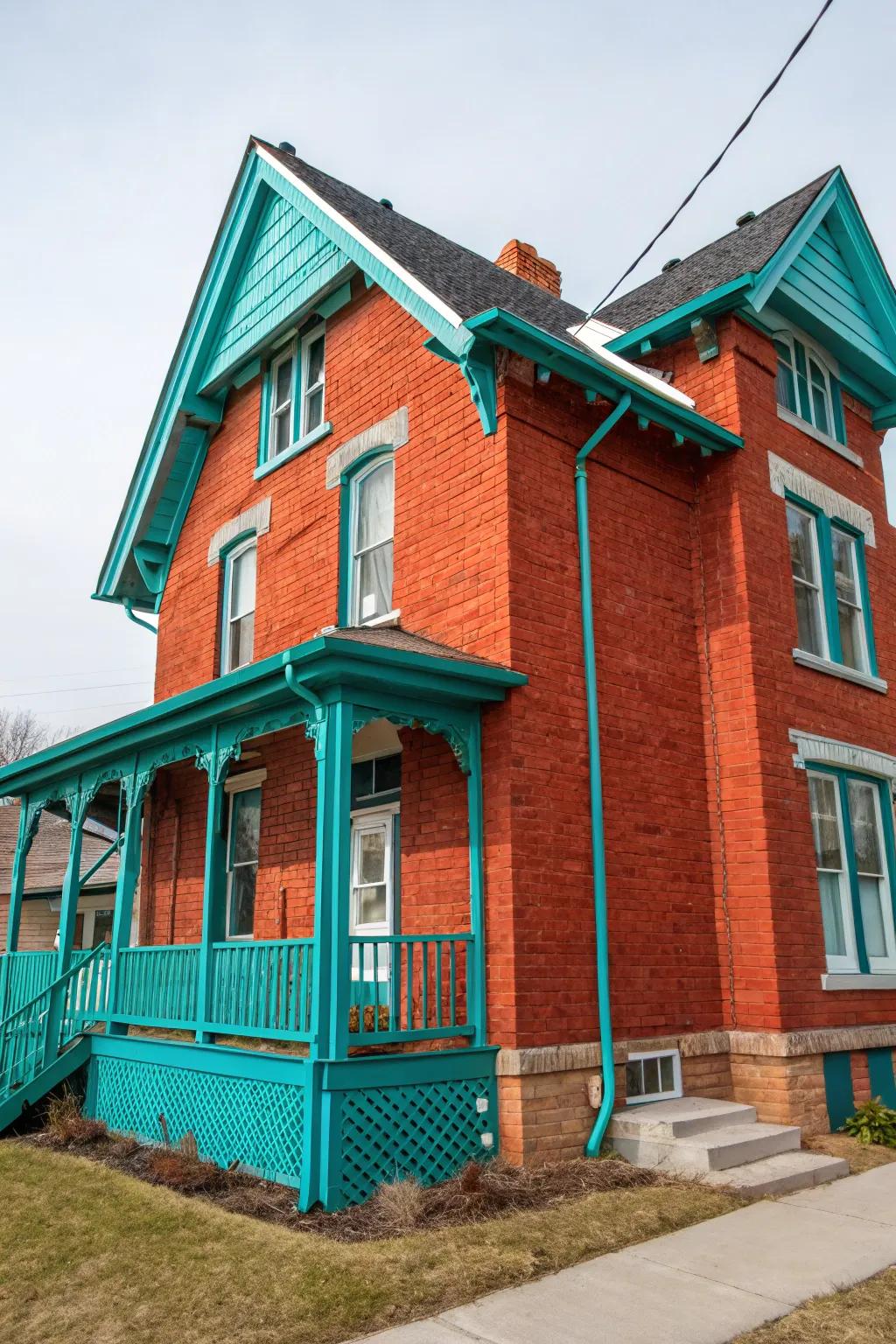 Turquoise trim brings an energetic and bold burst of color to red brick homes.