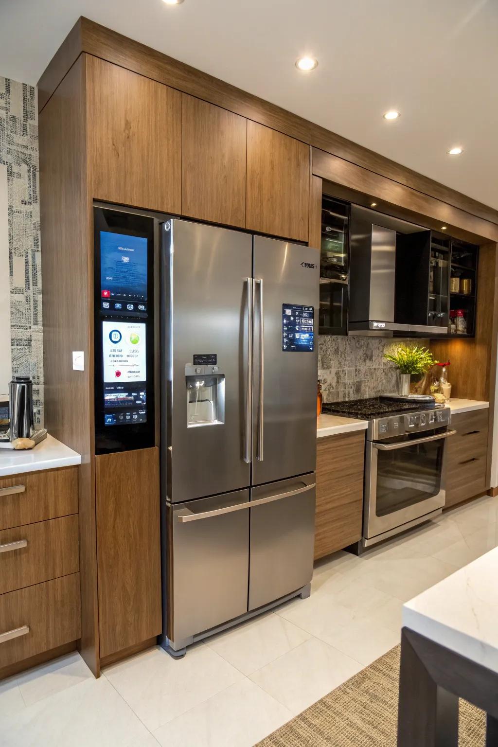 A kitchen equipped with a smart refrigerator featuring the latest technology.