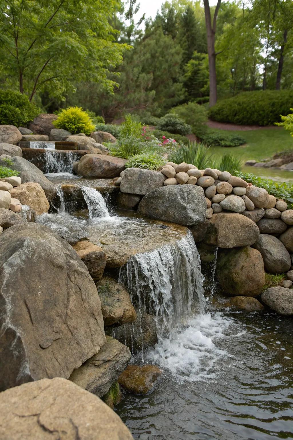 A waterfall feature adds sound and movement to a rock garden.