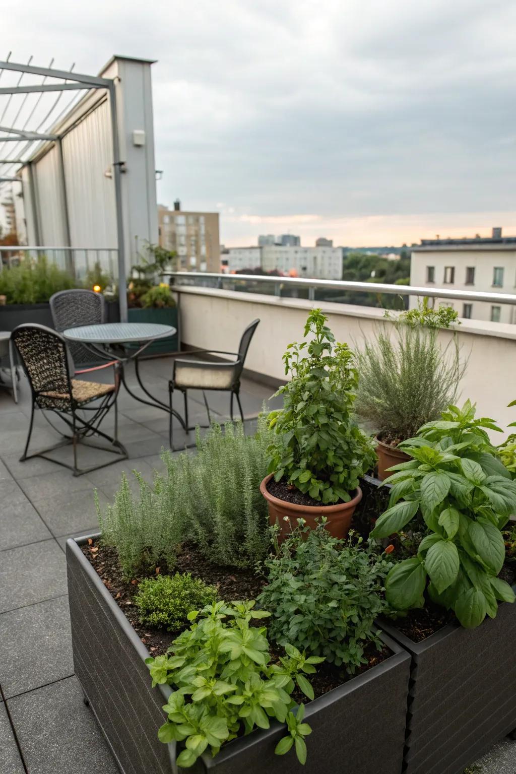 A mini herb garden adds practicality and aroma to your rooftop.