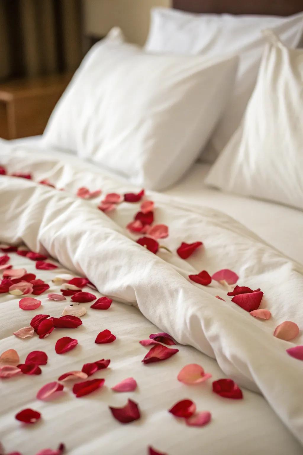 Rose petals hidden under the bed covers for a surprise.