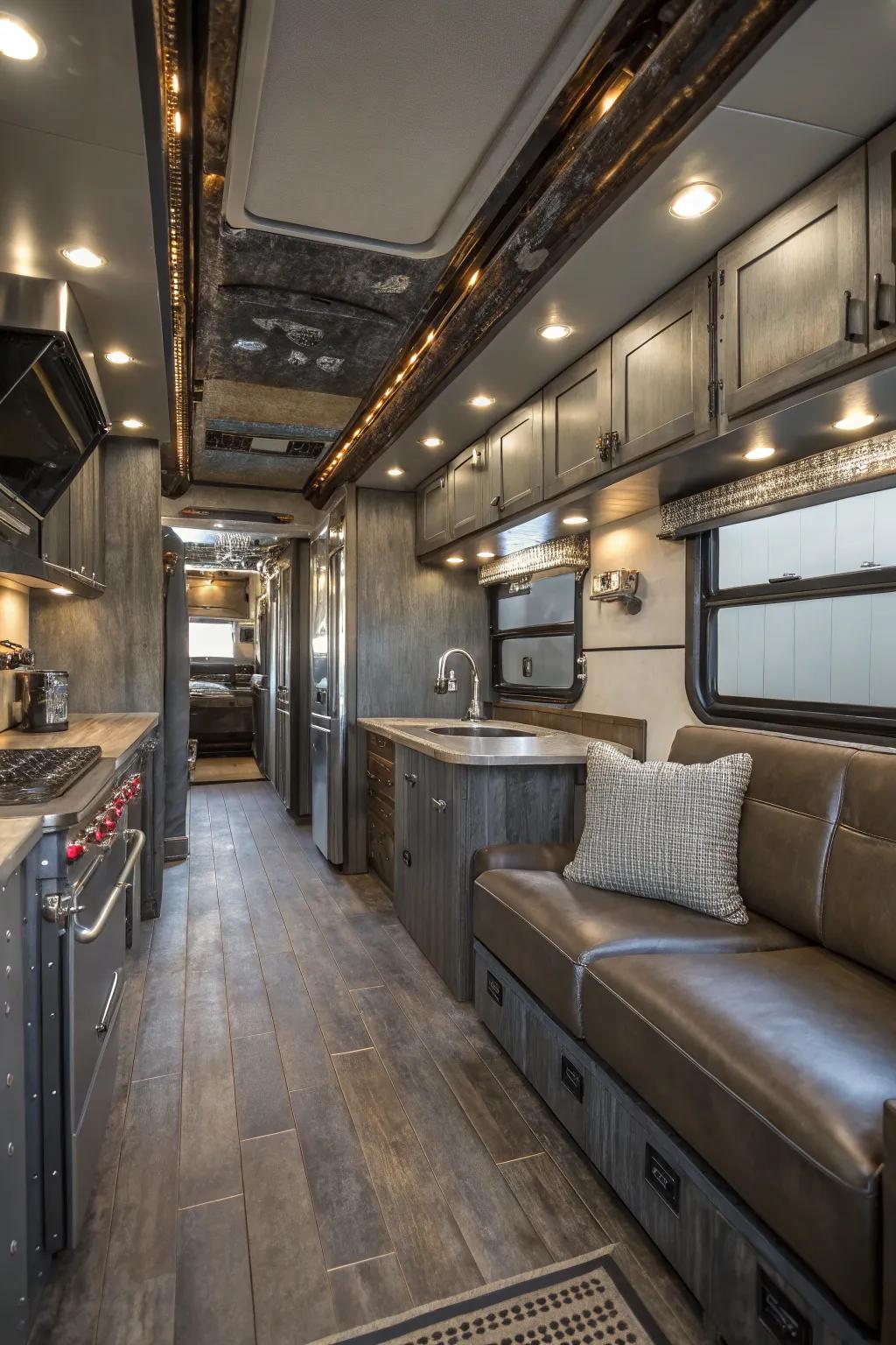 Industrial elements contribute character to the interior of this RV.