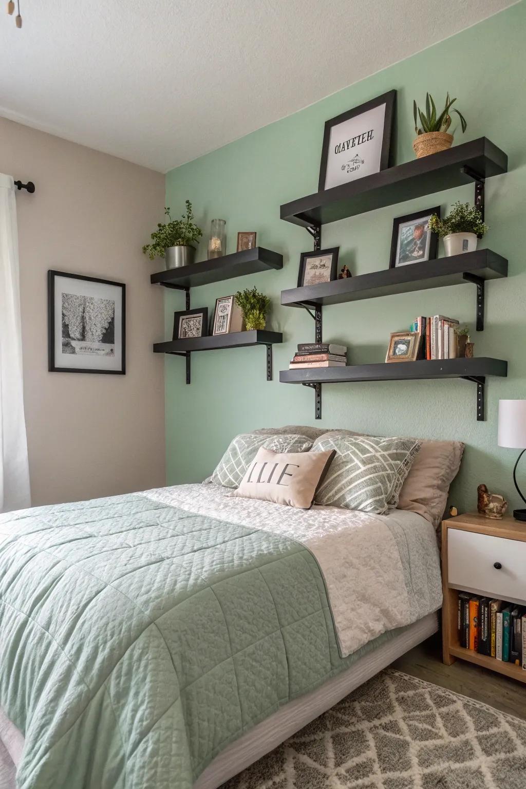 Floating shelves offer stylish storage and display options in the bedroom.