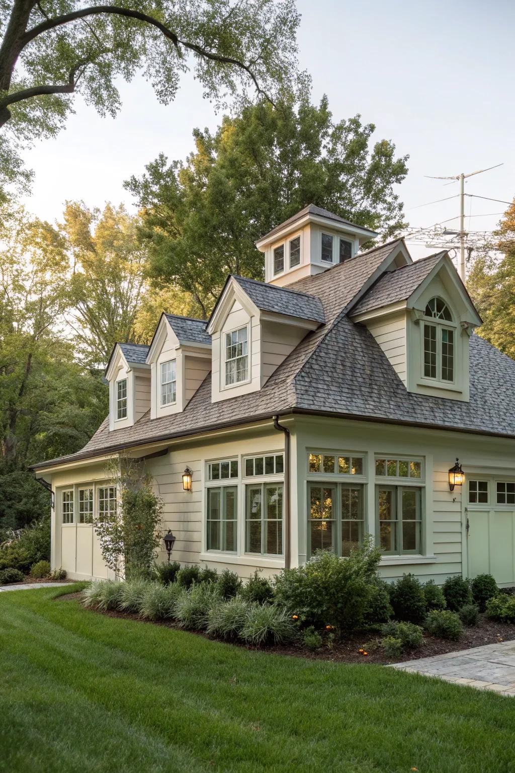 Home with a shed dormer full of diverse windows.