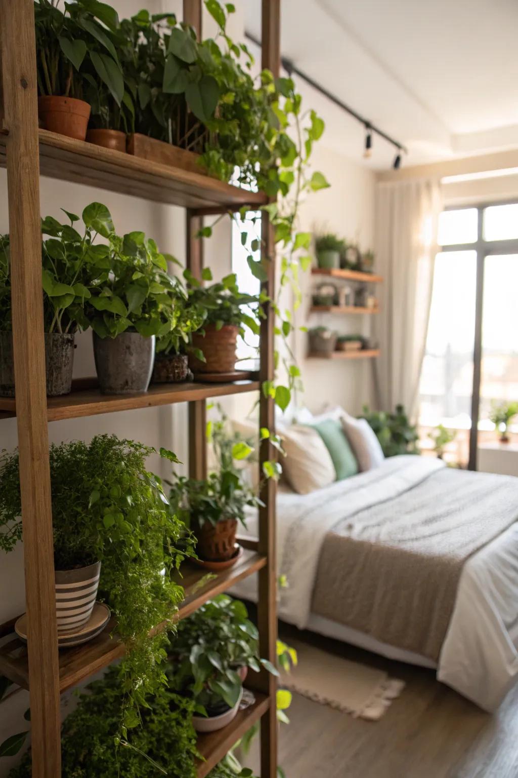 Vertical garden shelves bring life and freshness.