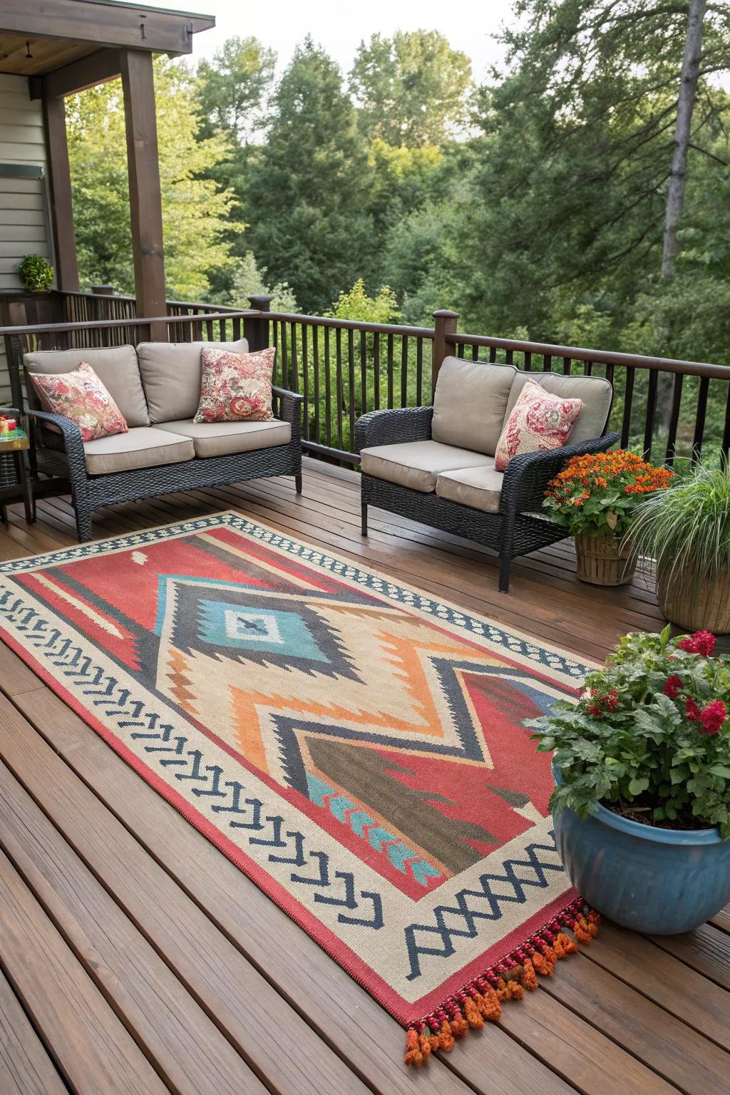 Outdoor rugs add texture and define spaces on your deck.