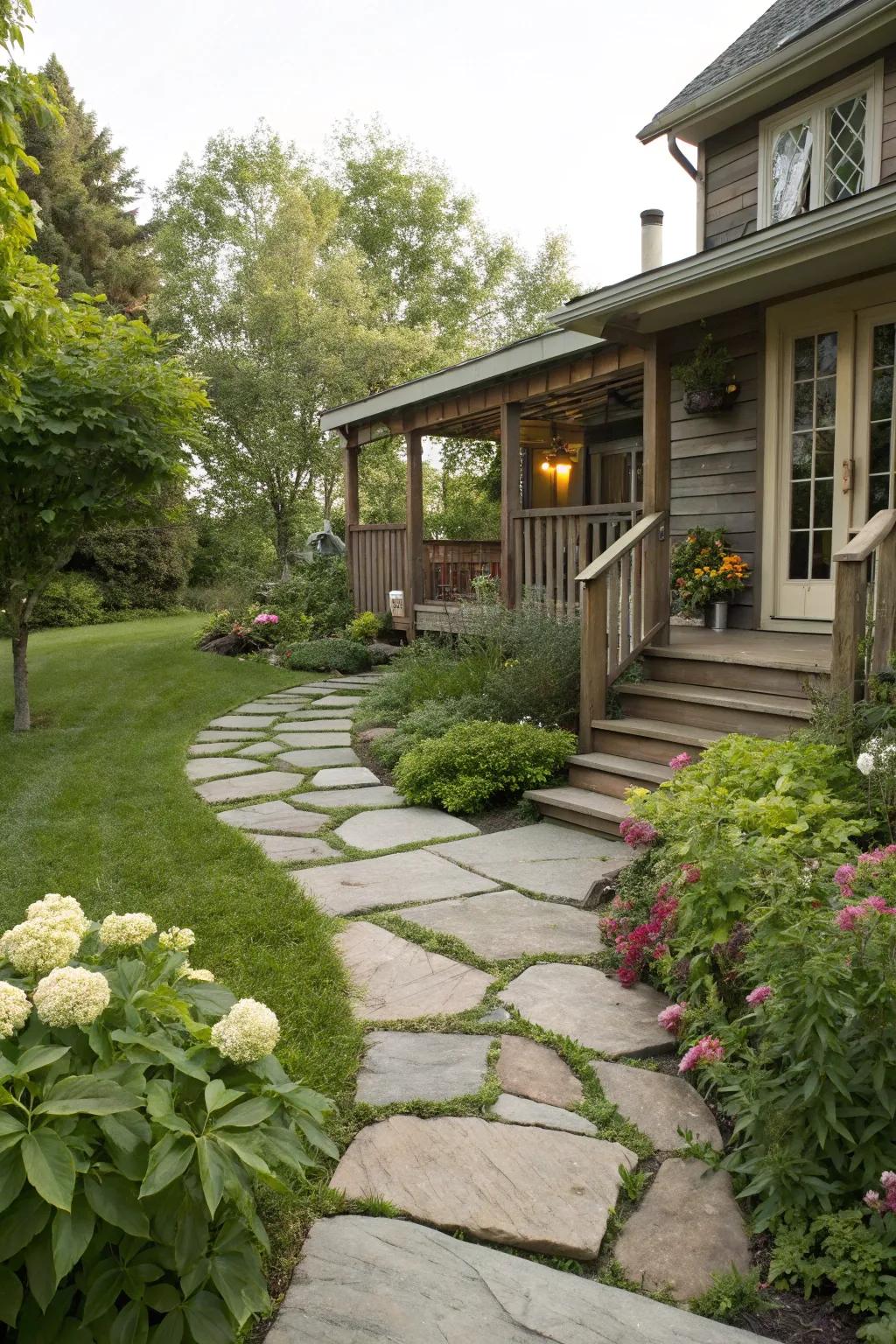 A natural stone path adds elegance and texture to the deck.