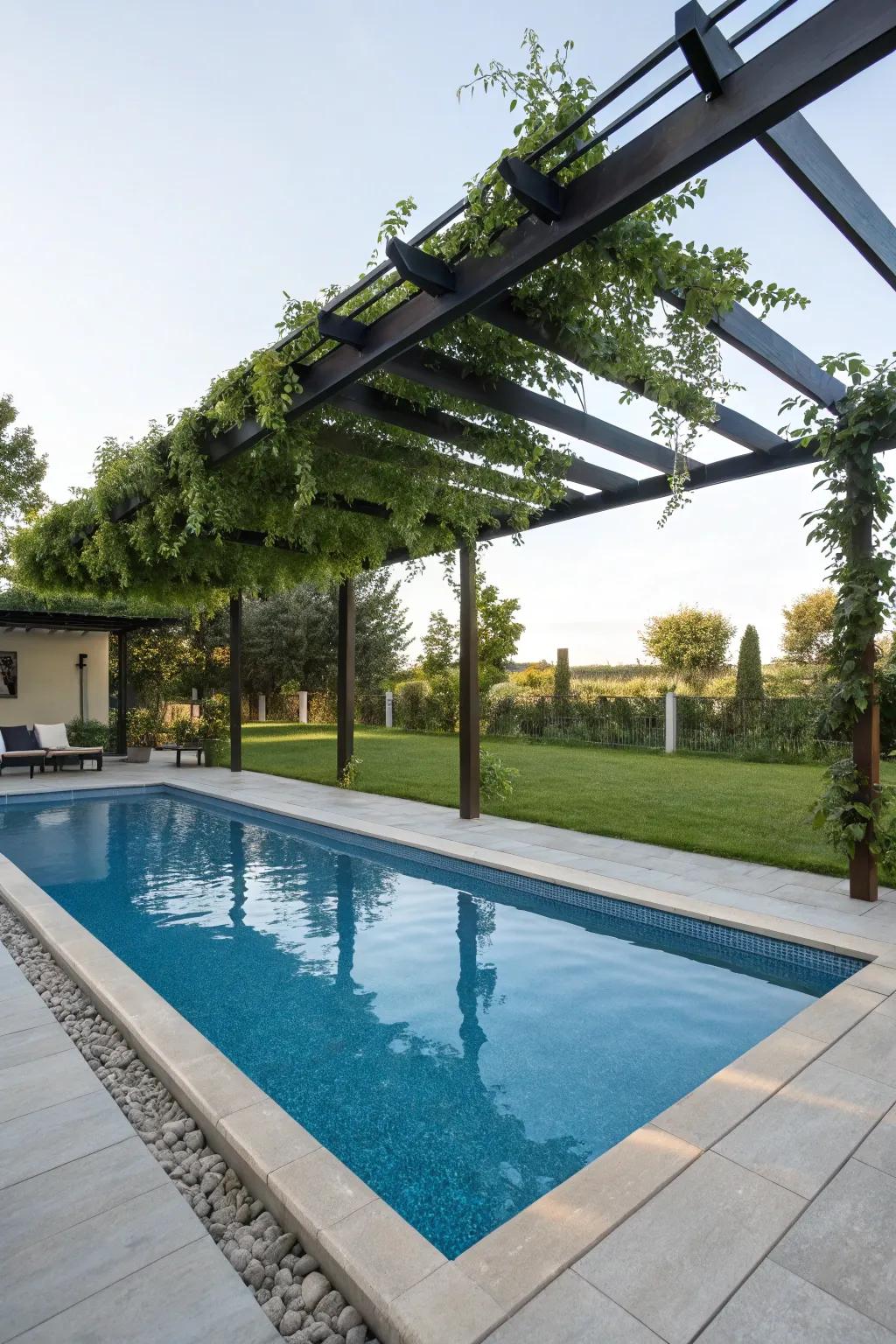 A modern pergola offers shade and a stylish focal point.