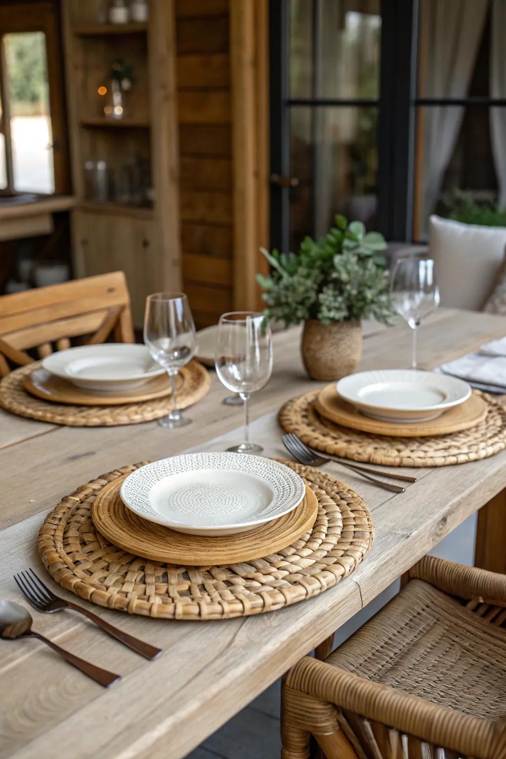 Reed chargers providing texture to a rustic table setting.