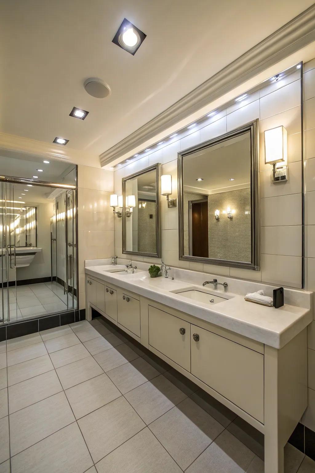 Floor-to-ceiling mirrors create an illusion of space in a small bathroom.