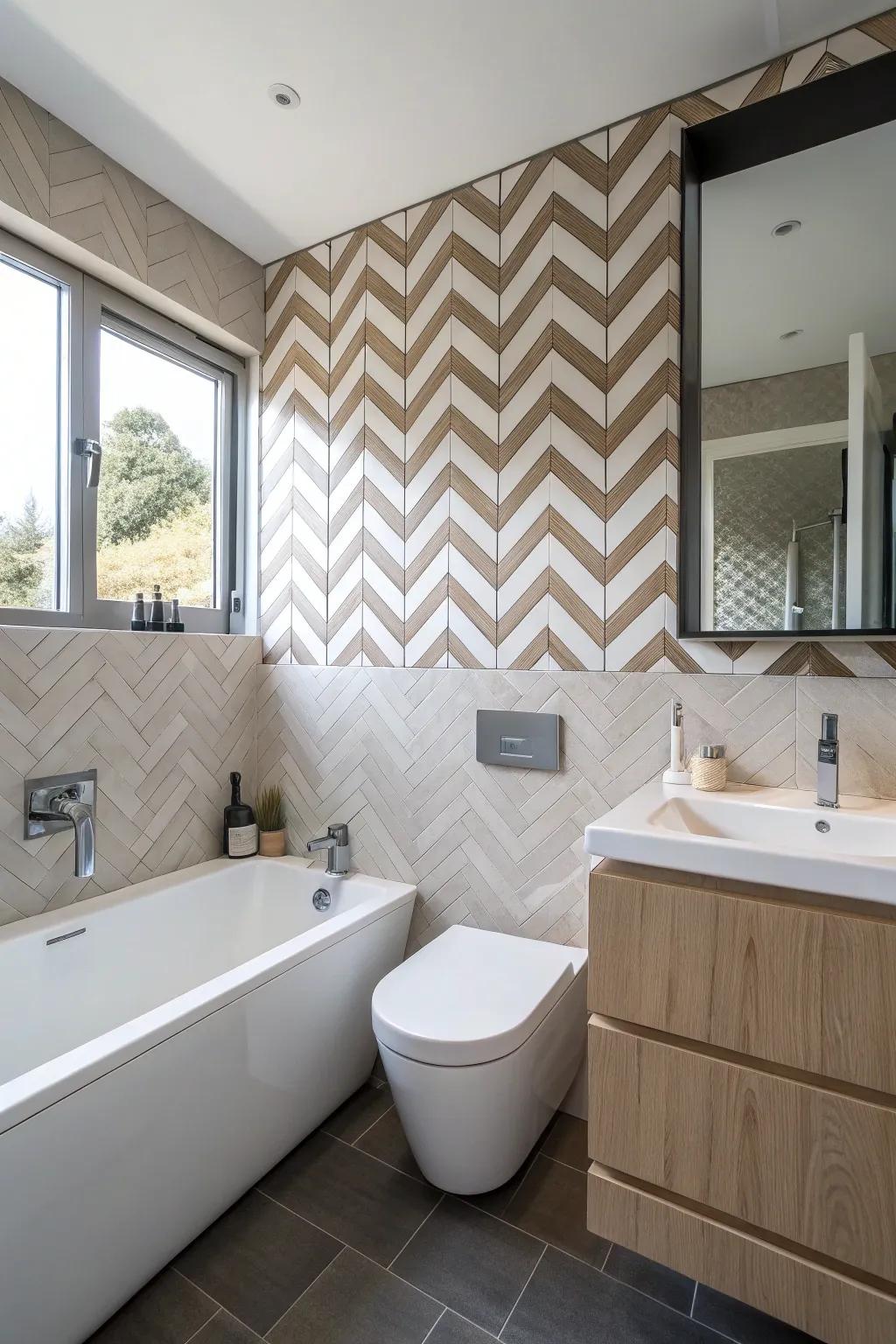 Chevron panels in a small bathroom, providing a stylish and dynamic look.