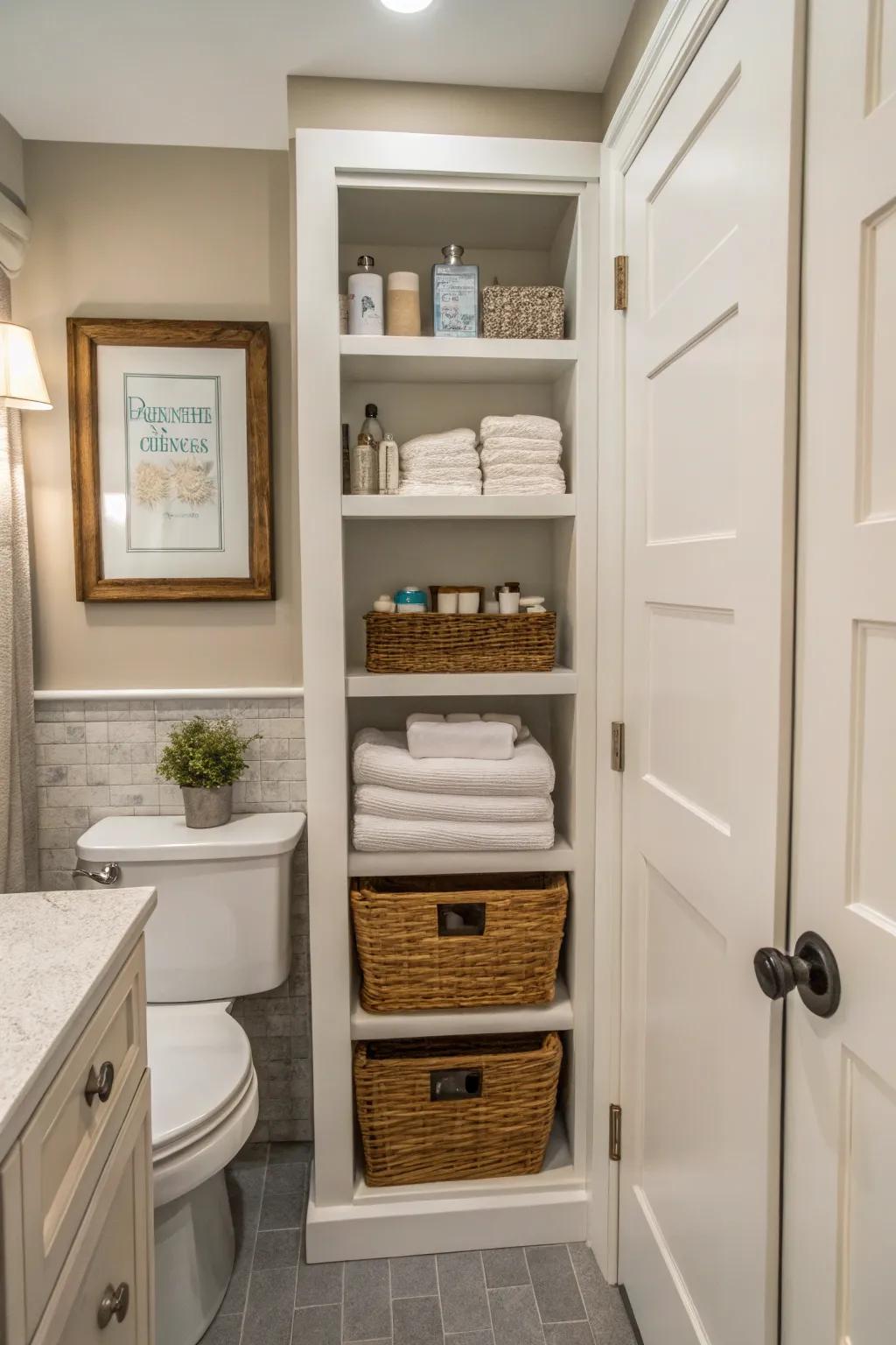 Hidden storage keeps the bathroom organized and clutter-free.