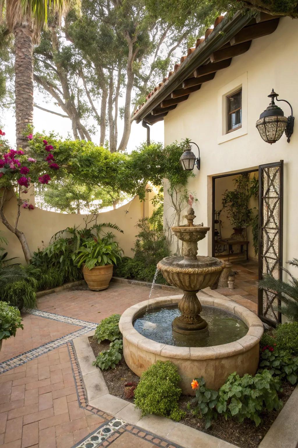 A small patio with a soothing water feature for added tranquility.