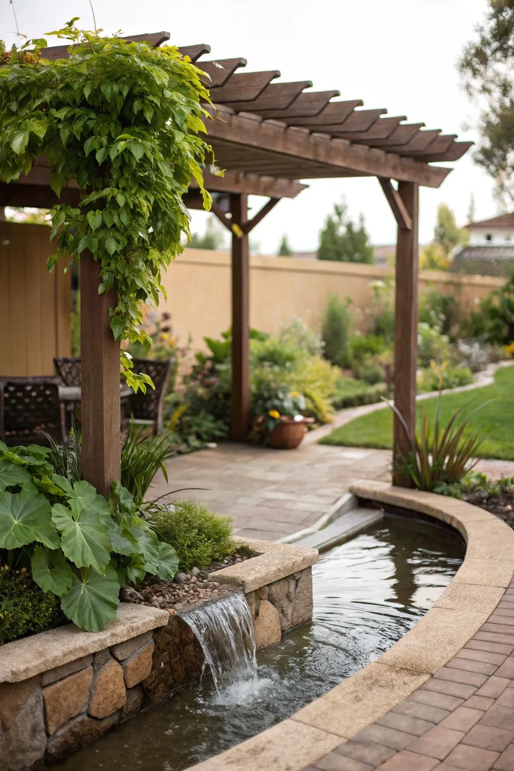 A water feature adds a soothing element to a small pergola setup.