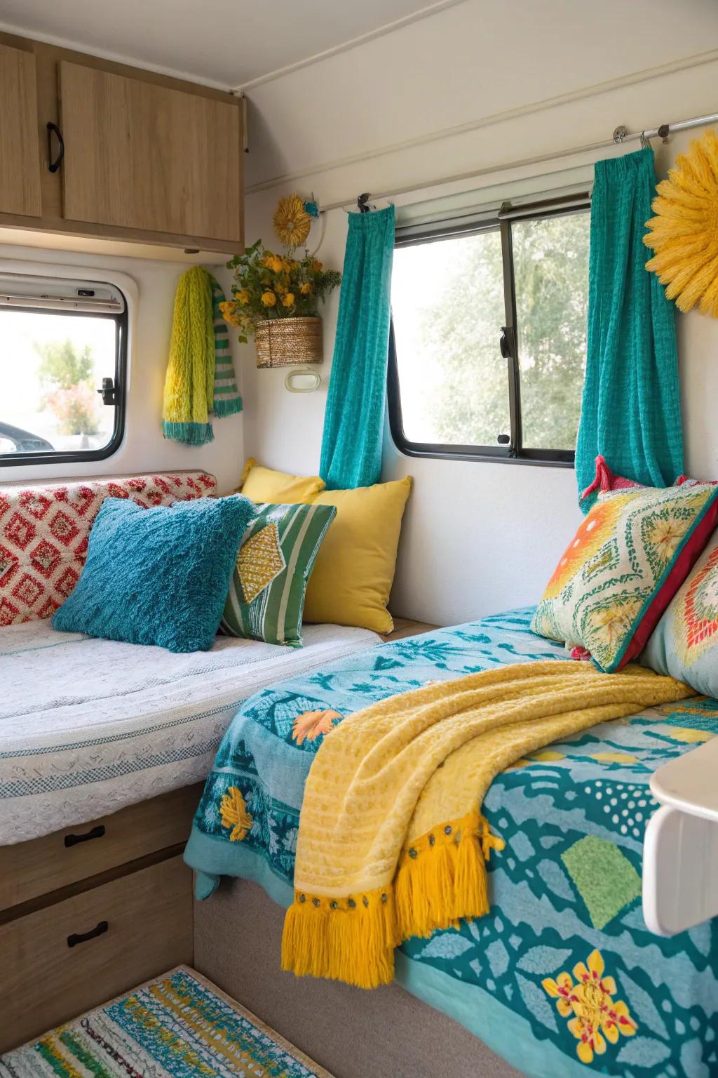 A pop of color can add vibrant energy to your RV bedroom.