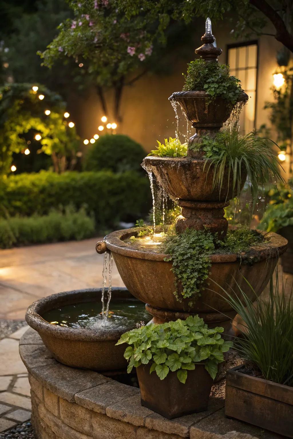 Tiered pots forming a vibrant solar-driven fountain impact.