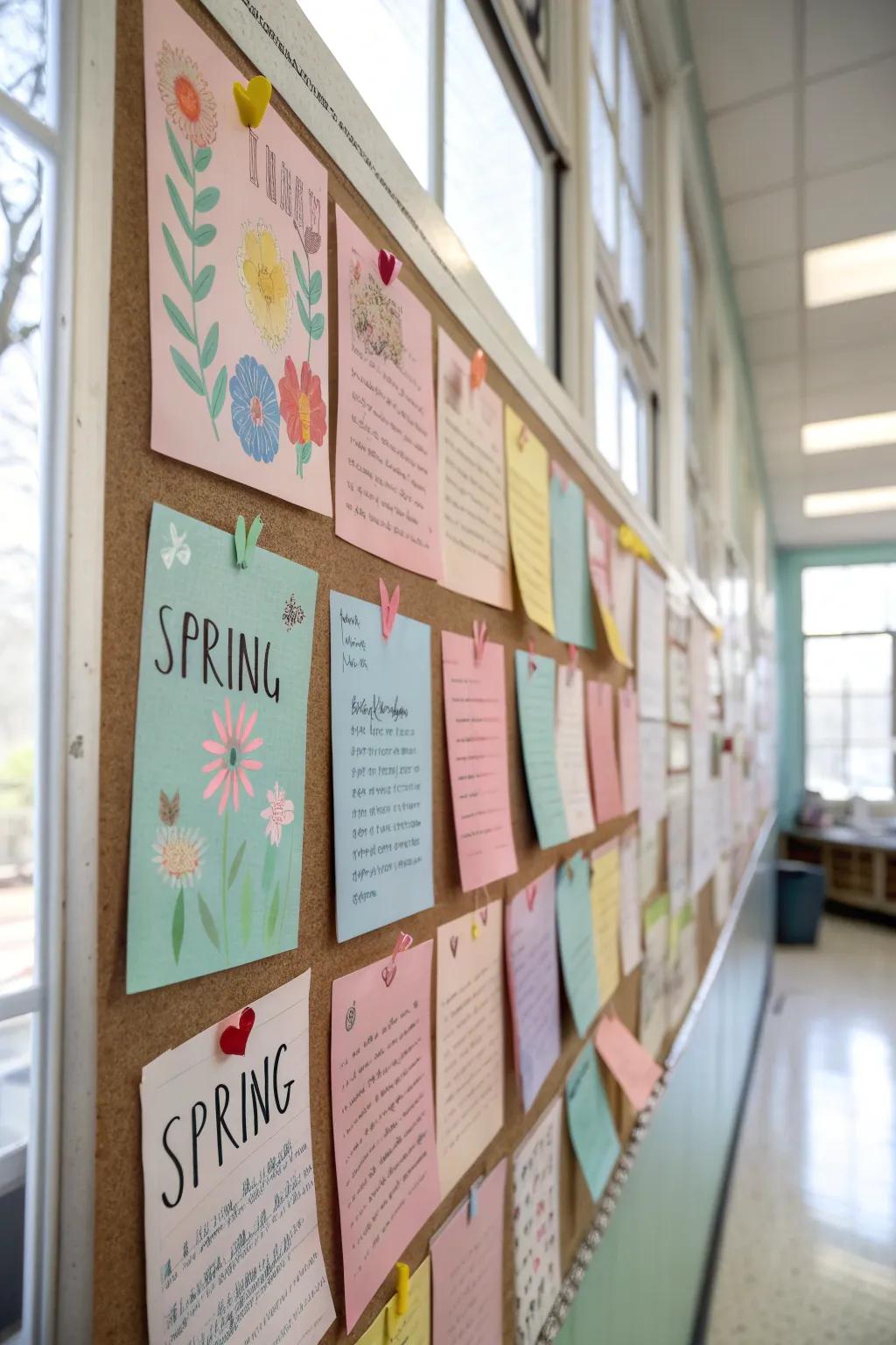 A bulletin board featuring a collection of spring-themed quotes.