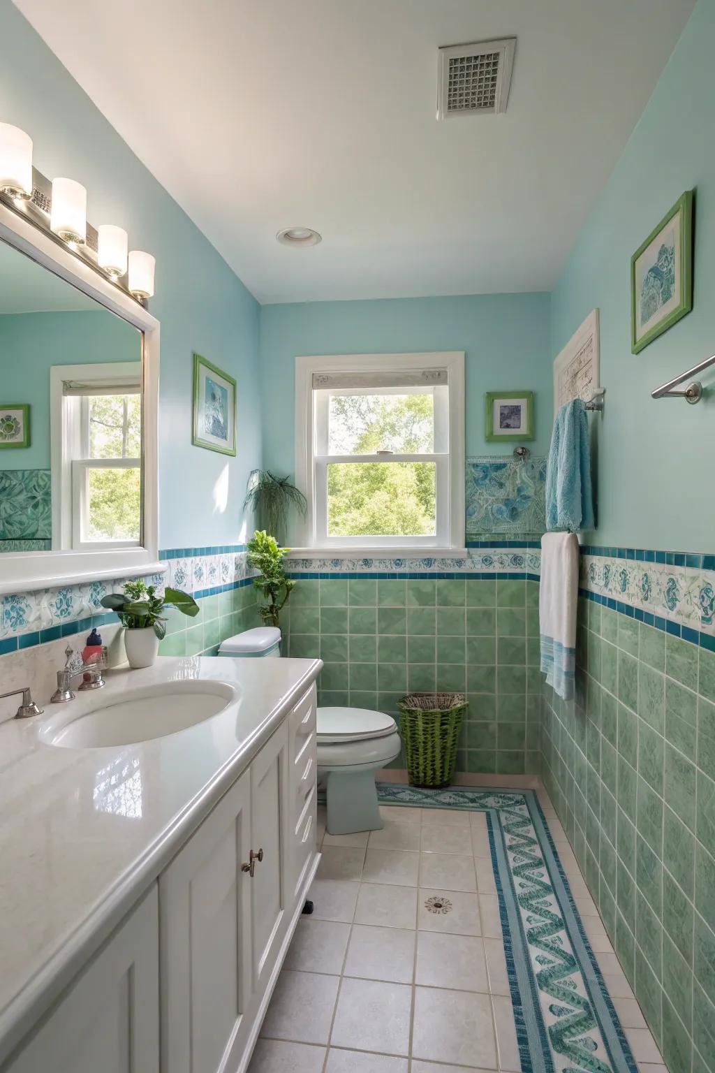 Shading that is calming constructs an atmosphere that is peaceful within the restroom.