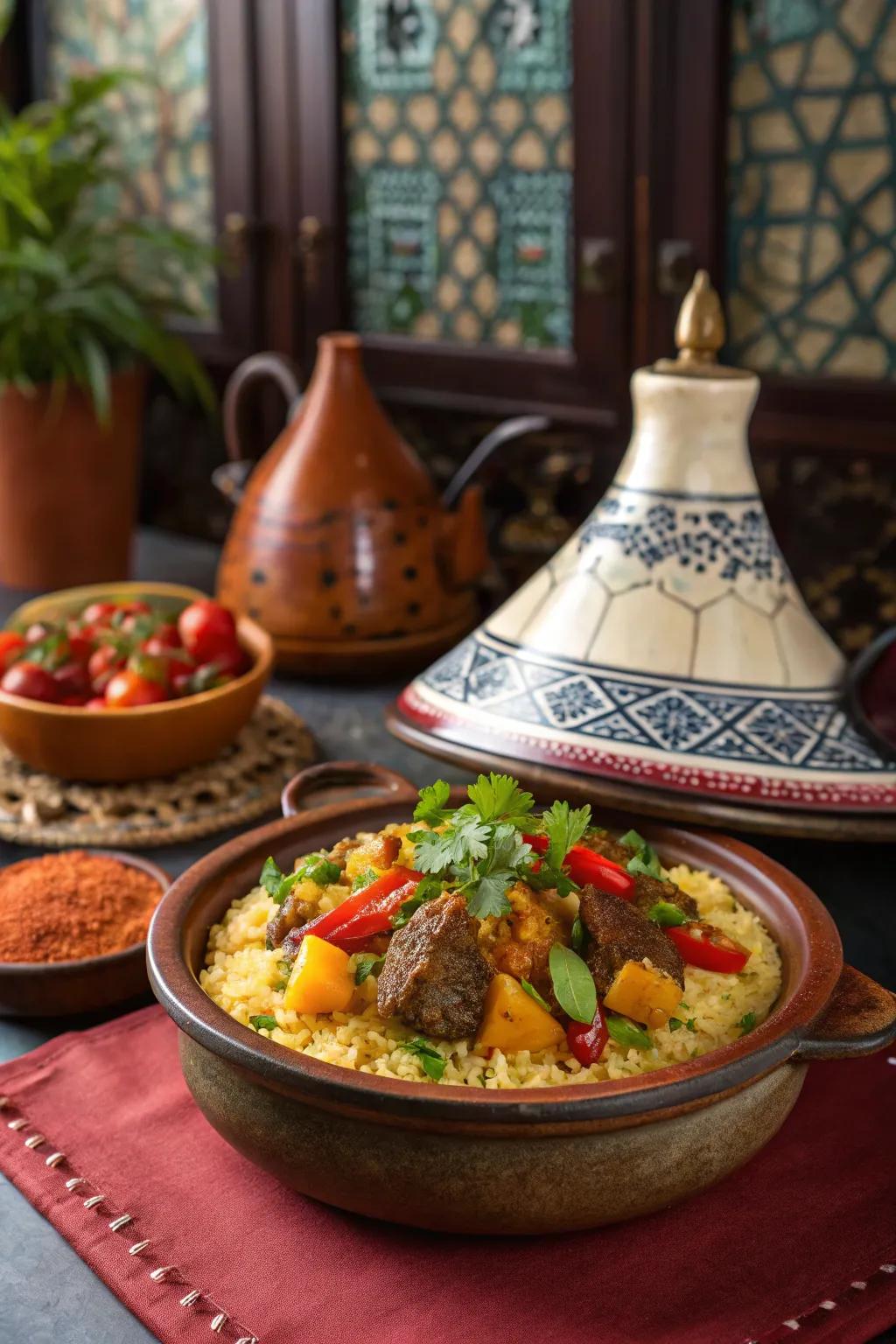 Moroccan-spiced lamb and couscous casserole, a journey of flavors.