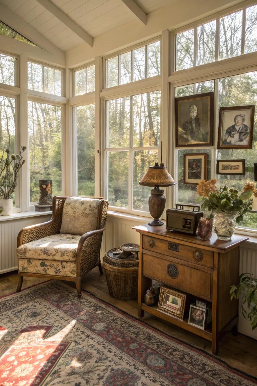 Classic ornaments contribute a nostalgic touch to this sunroom.