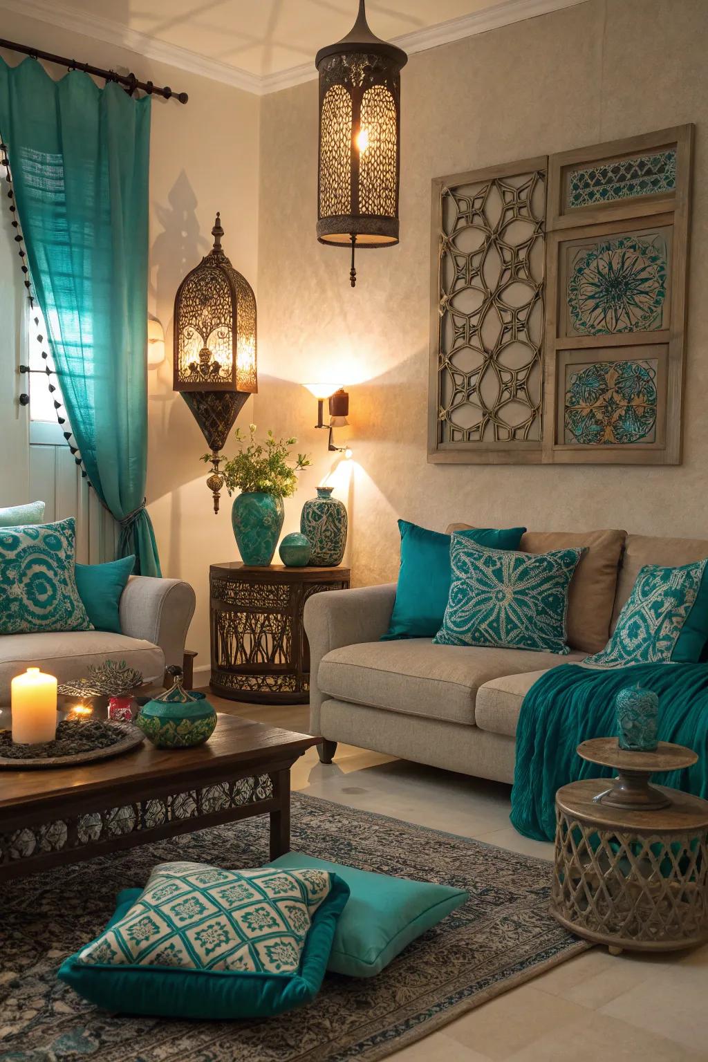 The inherent allure of teal and turquoise tones is elevated with layered lighting strategies.