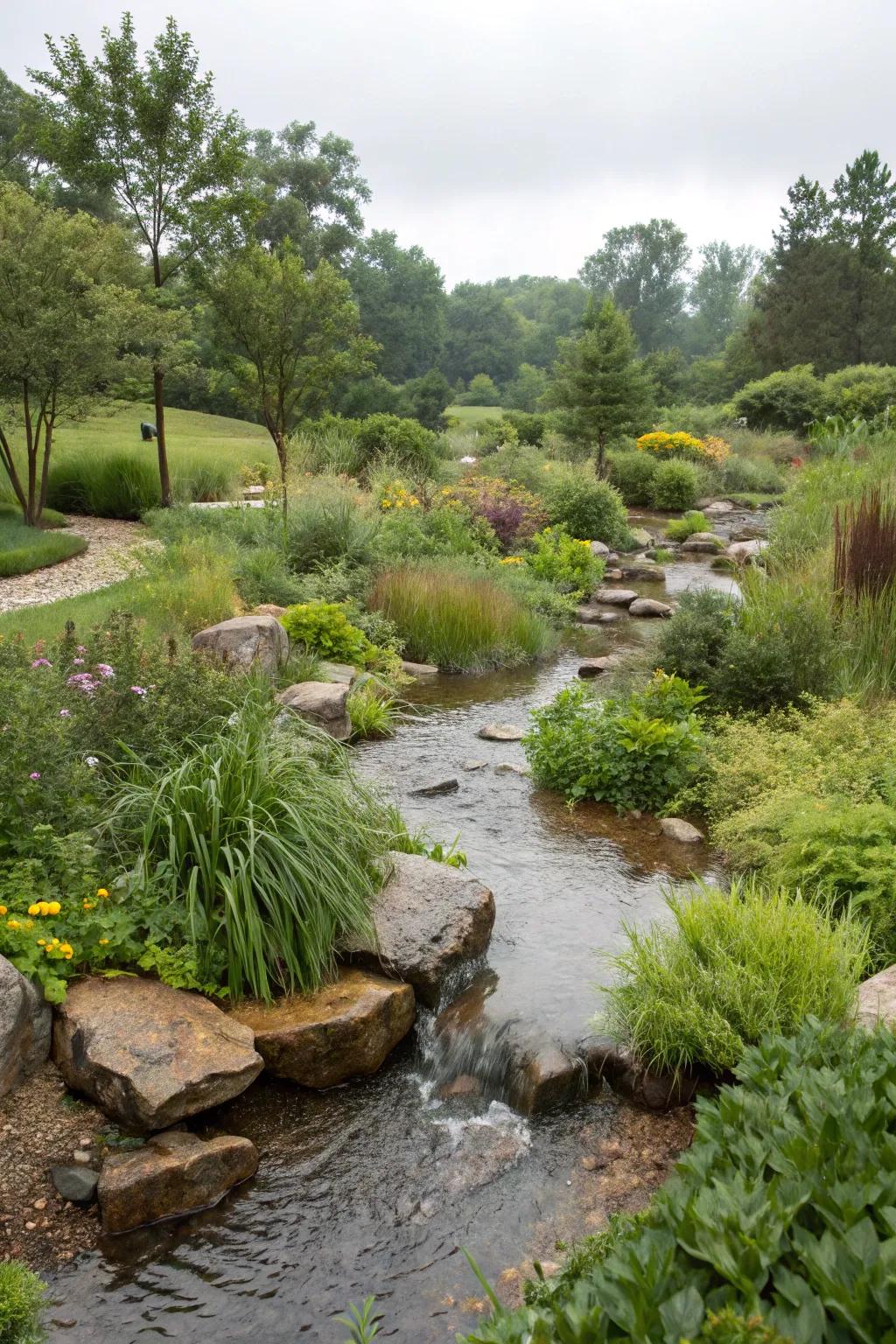 A rain garden designed to manage water while enhancing beauty.