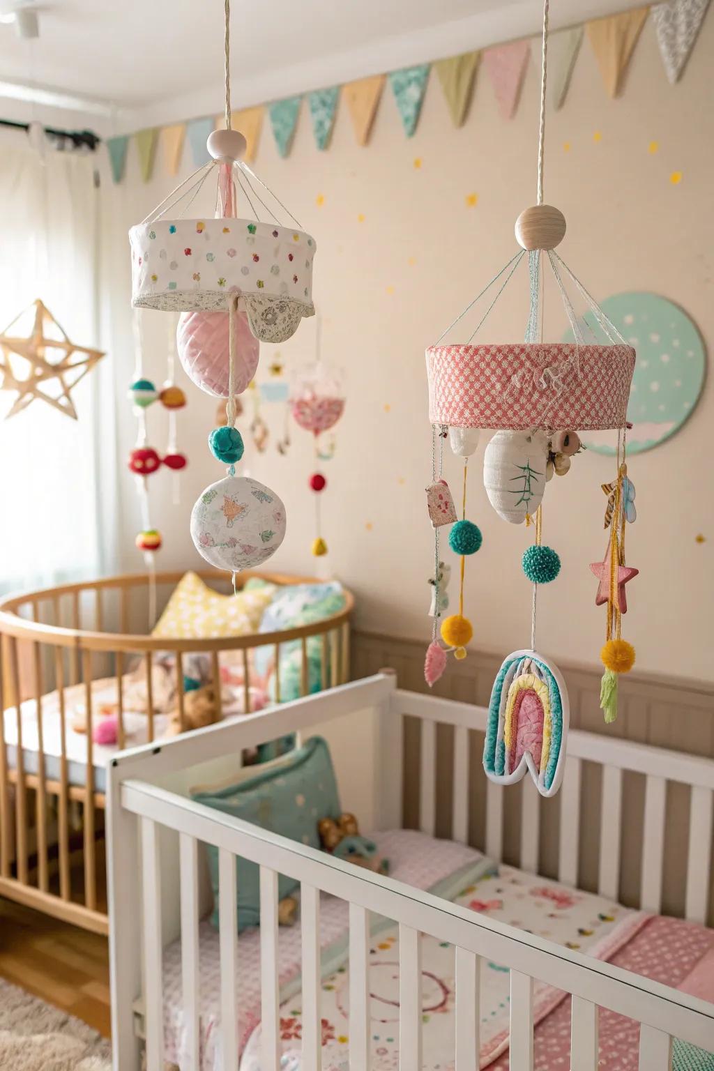 Playful mobiles add charm and visual stimulation over the cribs.