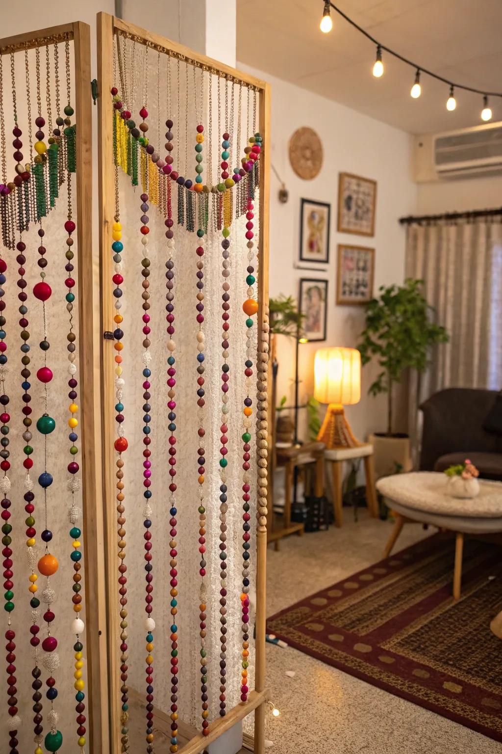 A beaded partition that exudes a playful, bohemian spirit.