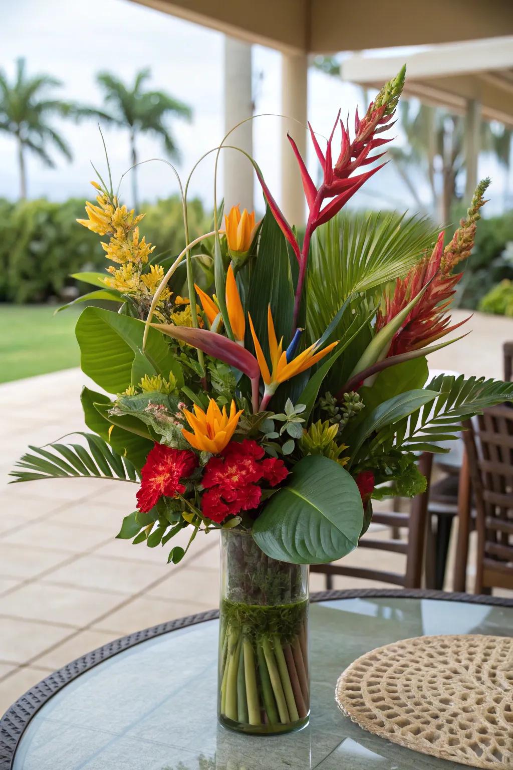 Tropical blossom arrangement conveying exotic flair to a patio.