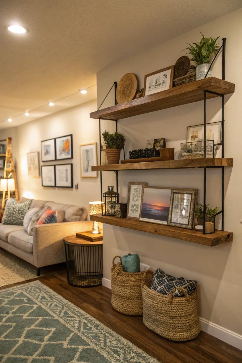 Floating shelves for versatile art displays in a living room.