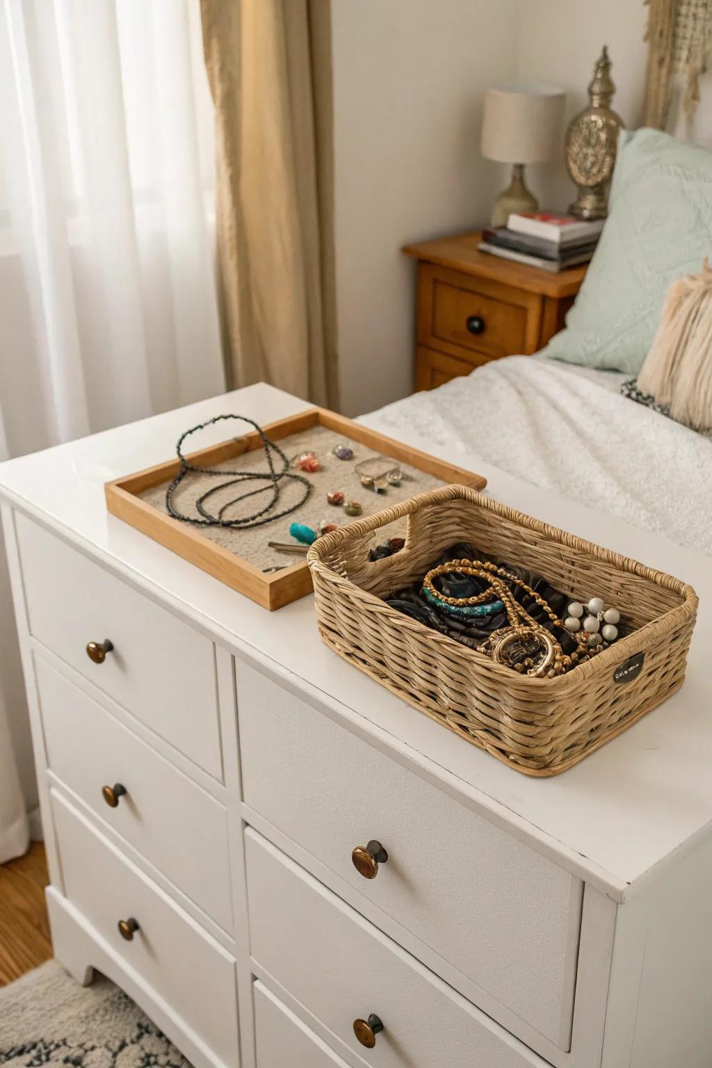 A basket arranges jewelry with care and displays it gracefully.