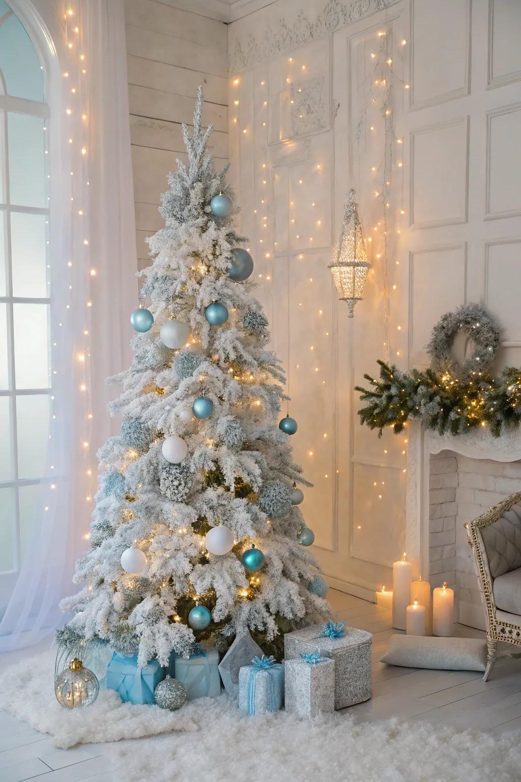 Frosted winter utopia theme on a white Christmas tree.