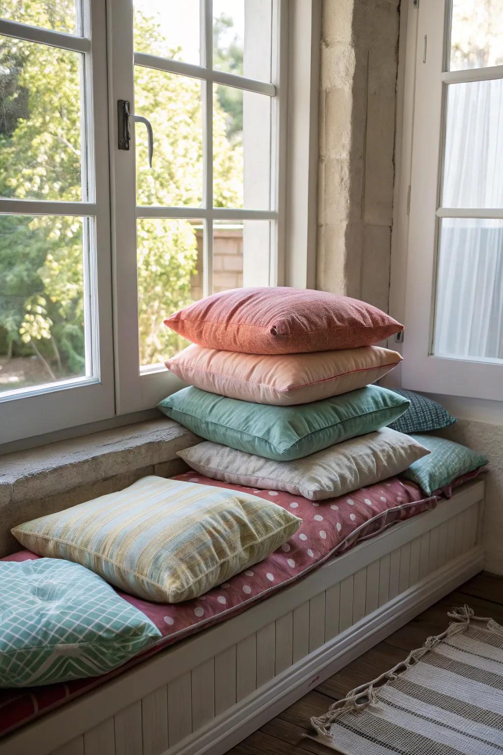 A flexible and budget-friendly window seat created with stacked floor cushions.