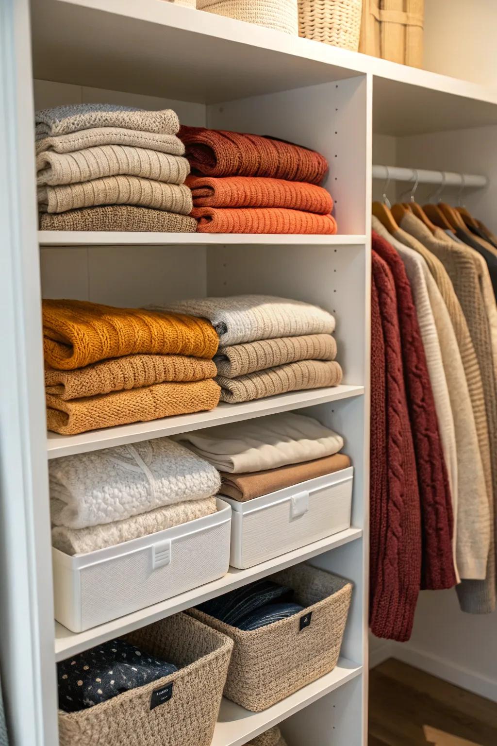 Shelving dividers keep sweaters in line.