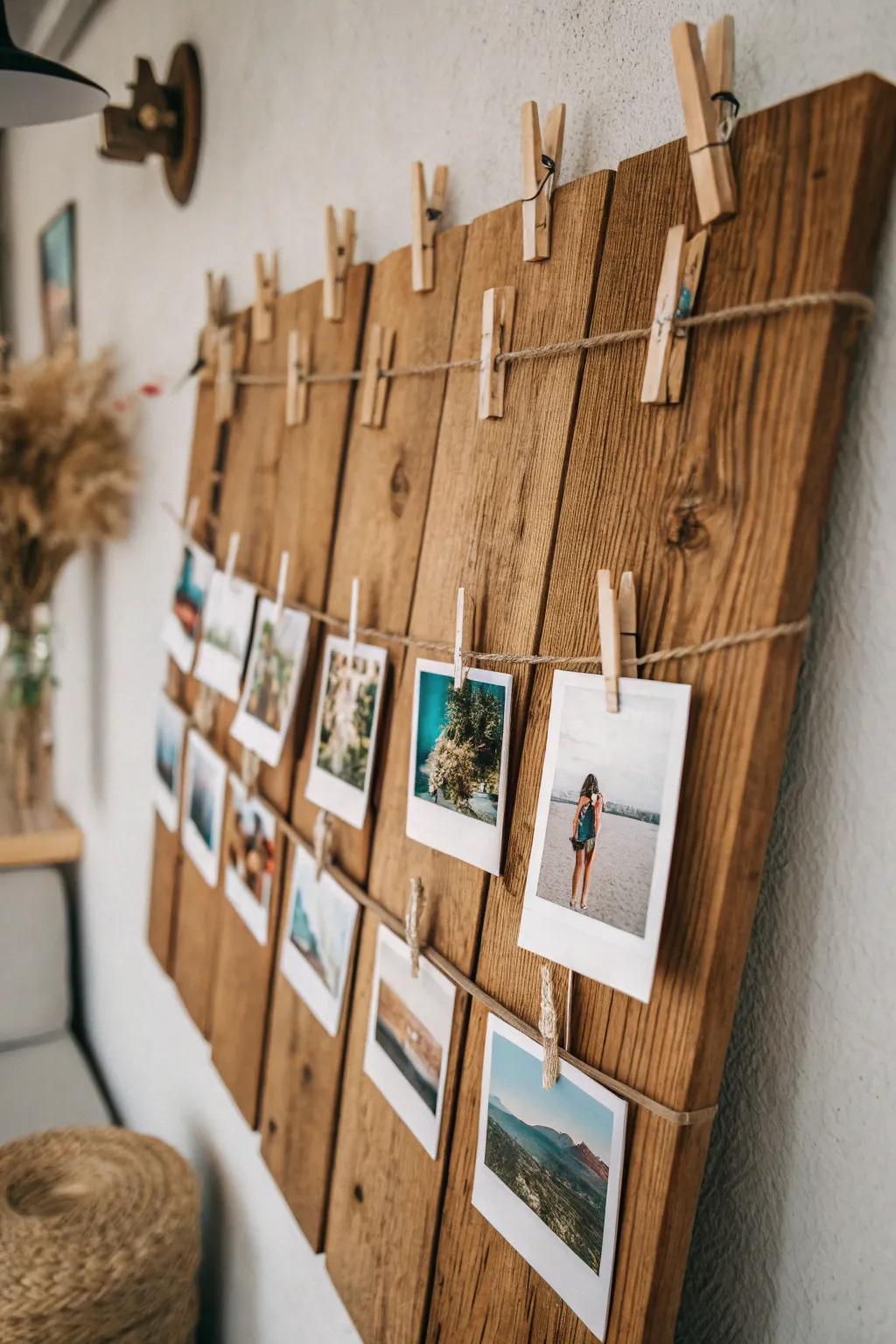 Showcase your memories with a wooden board photo holder.