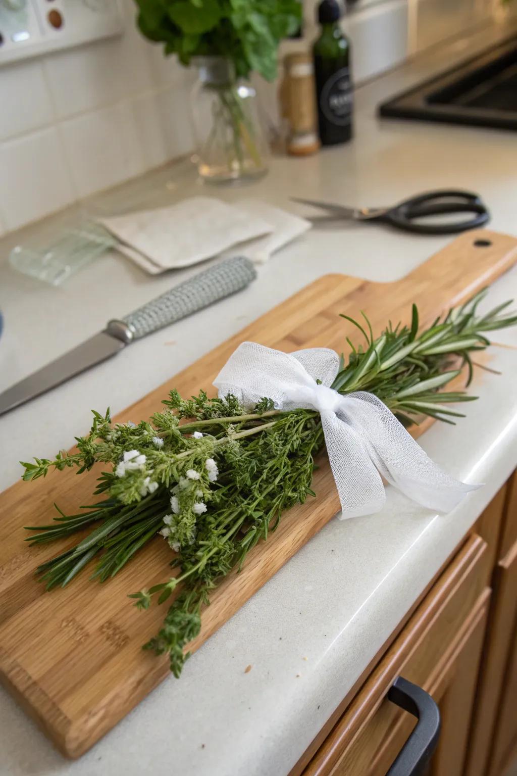 Fragrant wrist corsage with fresh garden herbs.