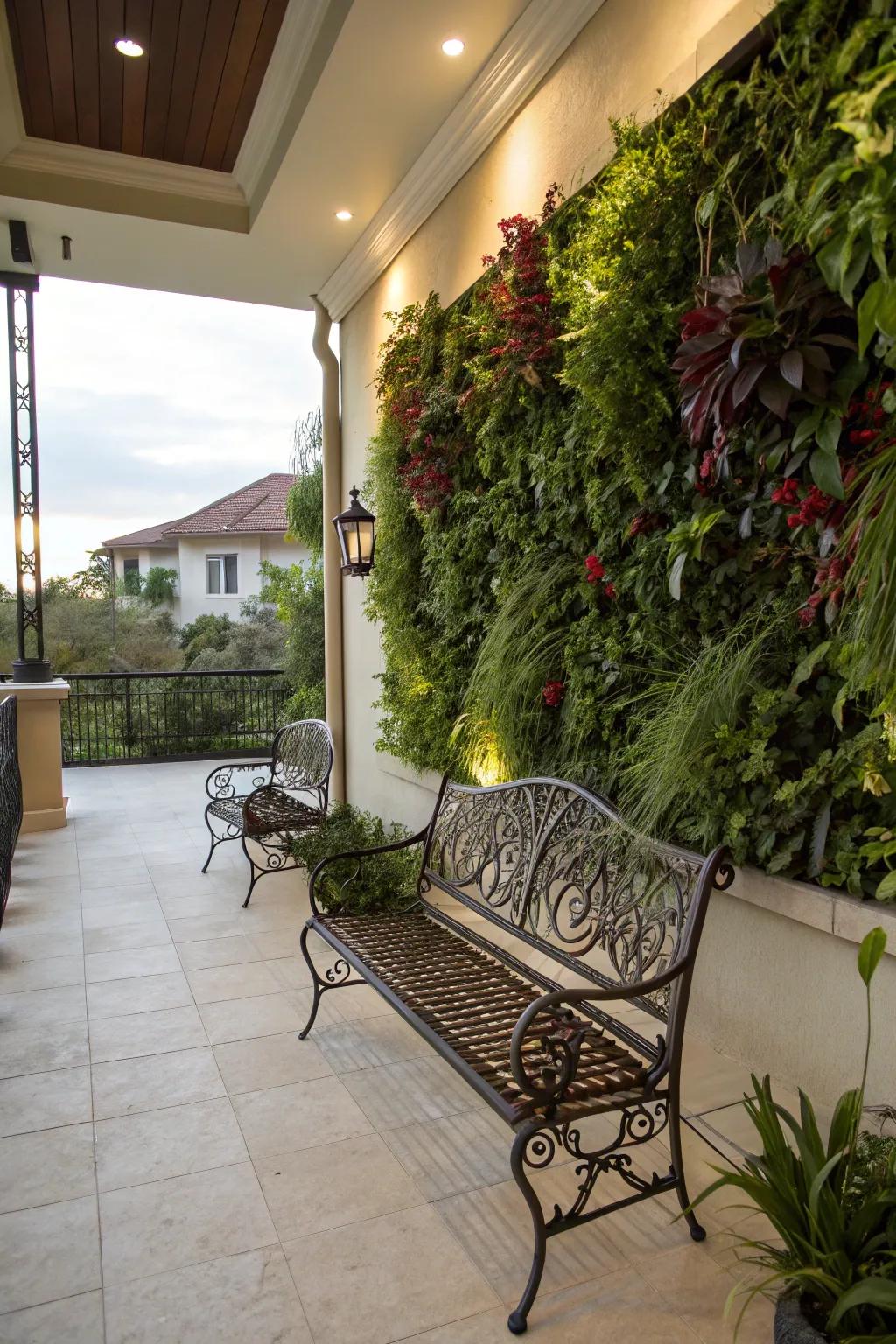 A vertical garden backdrop enriches the wrought iron patio experience.