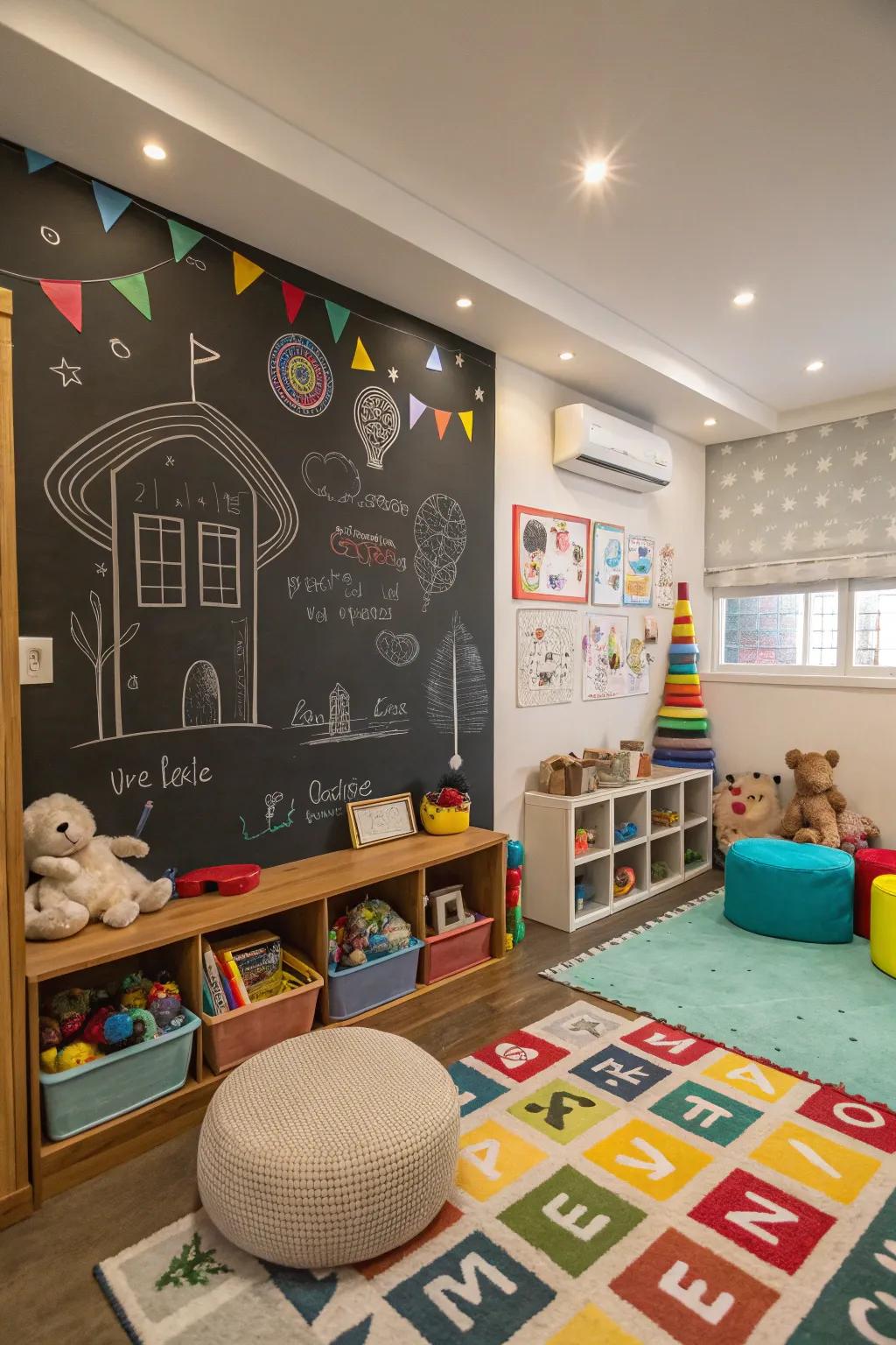 A playful playroom with a fun chalkboard accent wall.