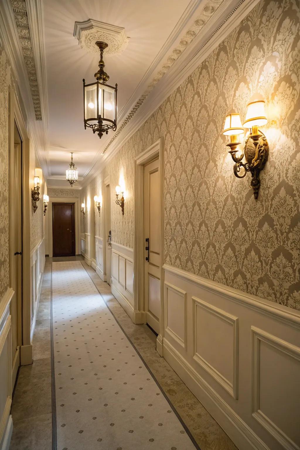 Vintage lighting enhances wall decor.
