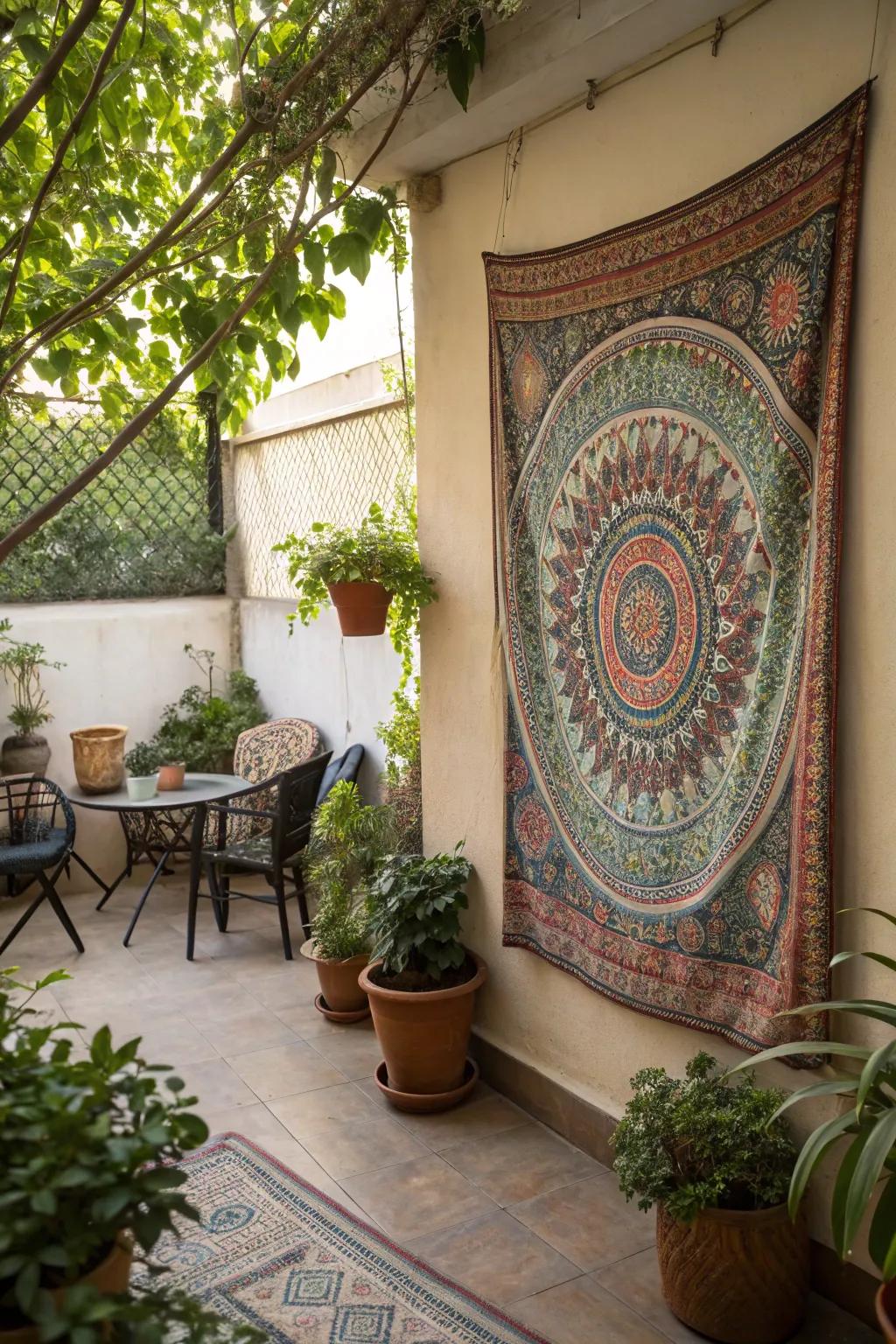 Tapestries infuse patio walls with an artistic accent.