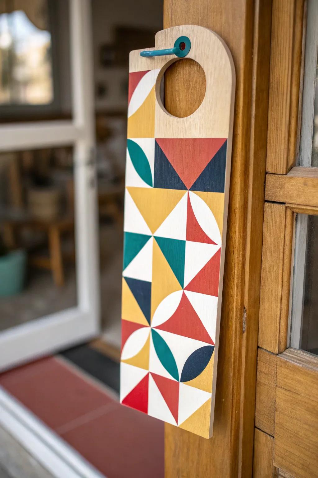 A striking geometric-themed door adornment showcasing a modern design.