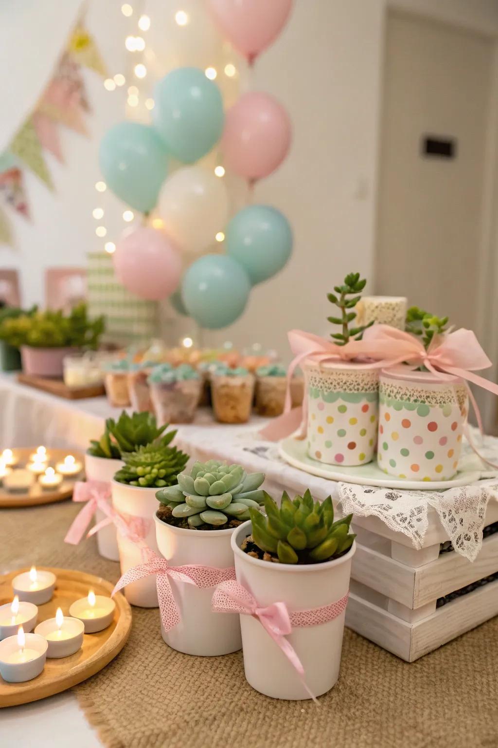 Themed baby shower favors like mini succulents and scented candles make thoughtful gifts.