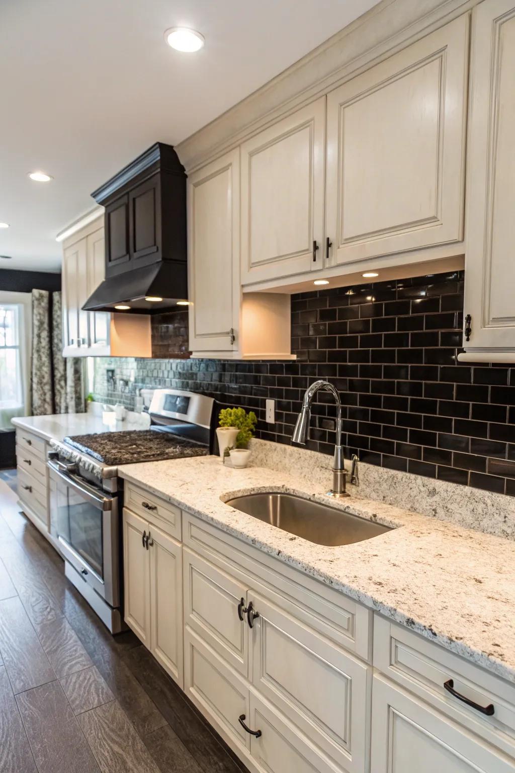 Dark backsplash creates dramatic contrast with light granite.