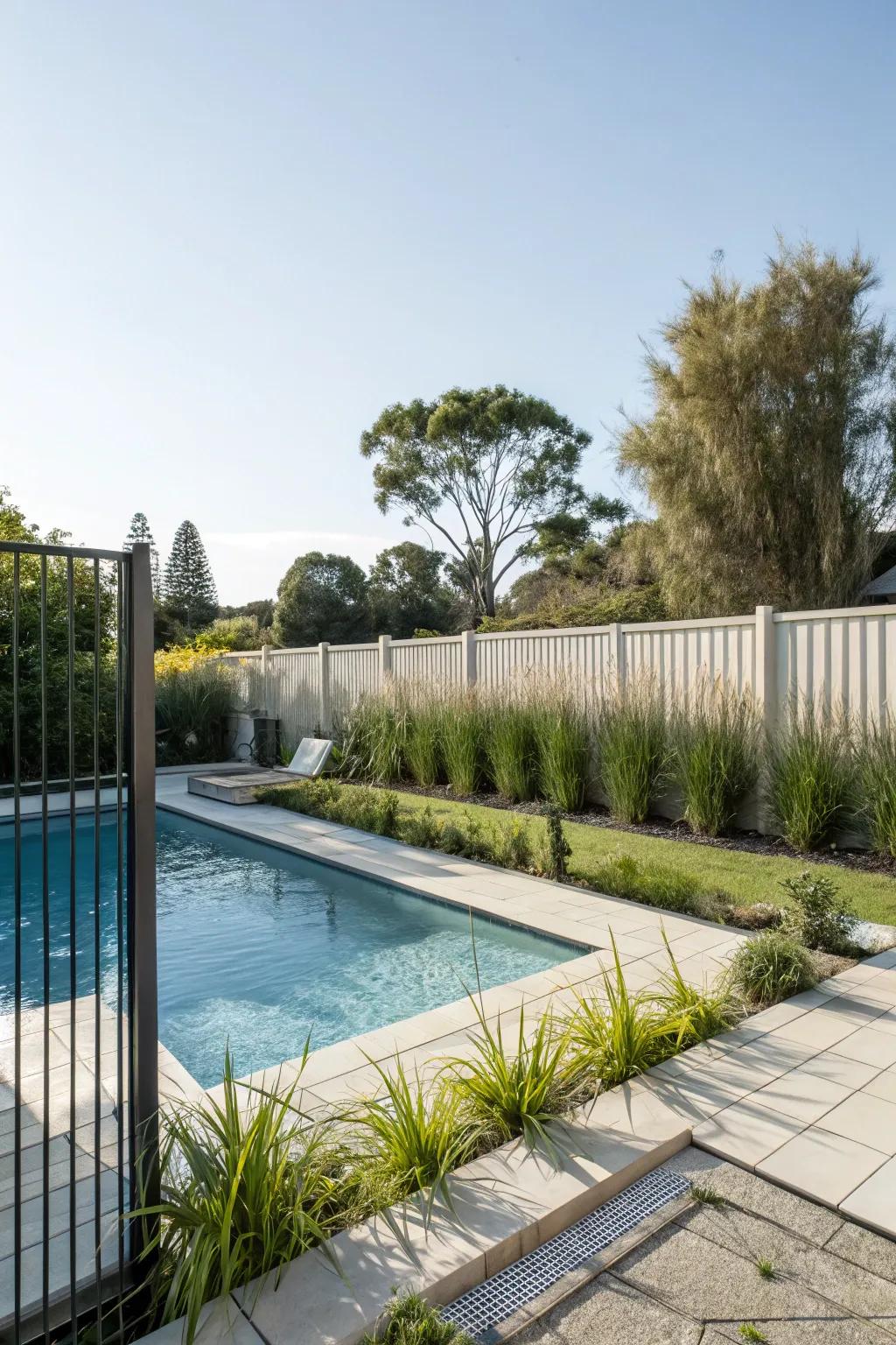 A private backyard pool area with minimalist fencing.